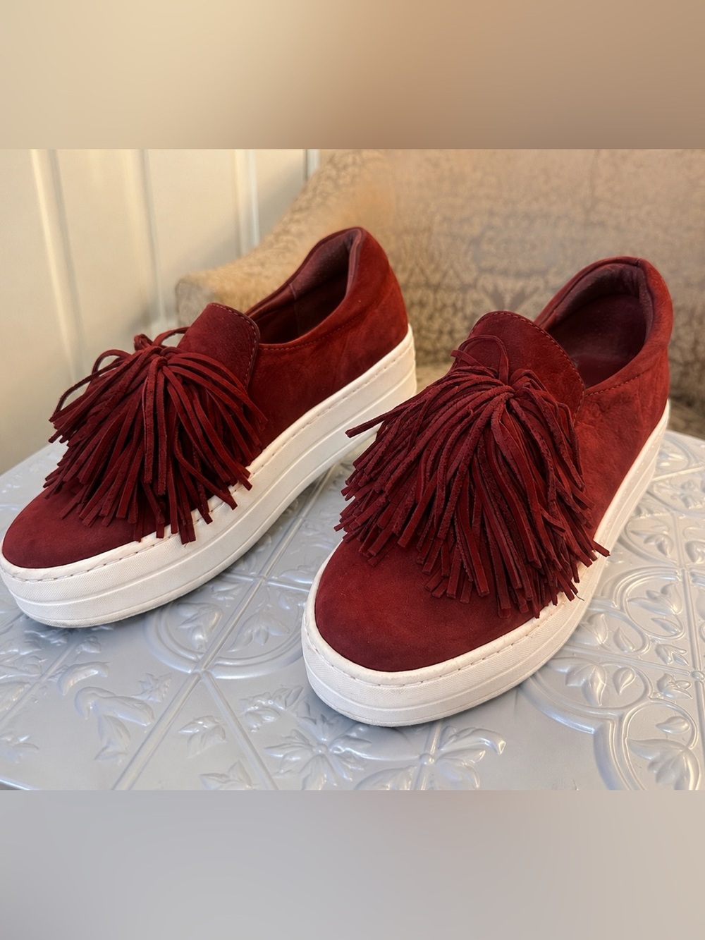J/Slides Hope Fringe Sneakers Burgundy Leather Platform Slip On Shoes Size 8